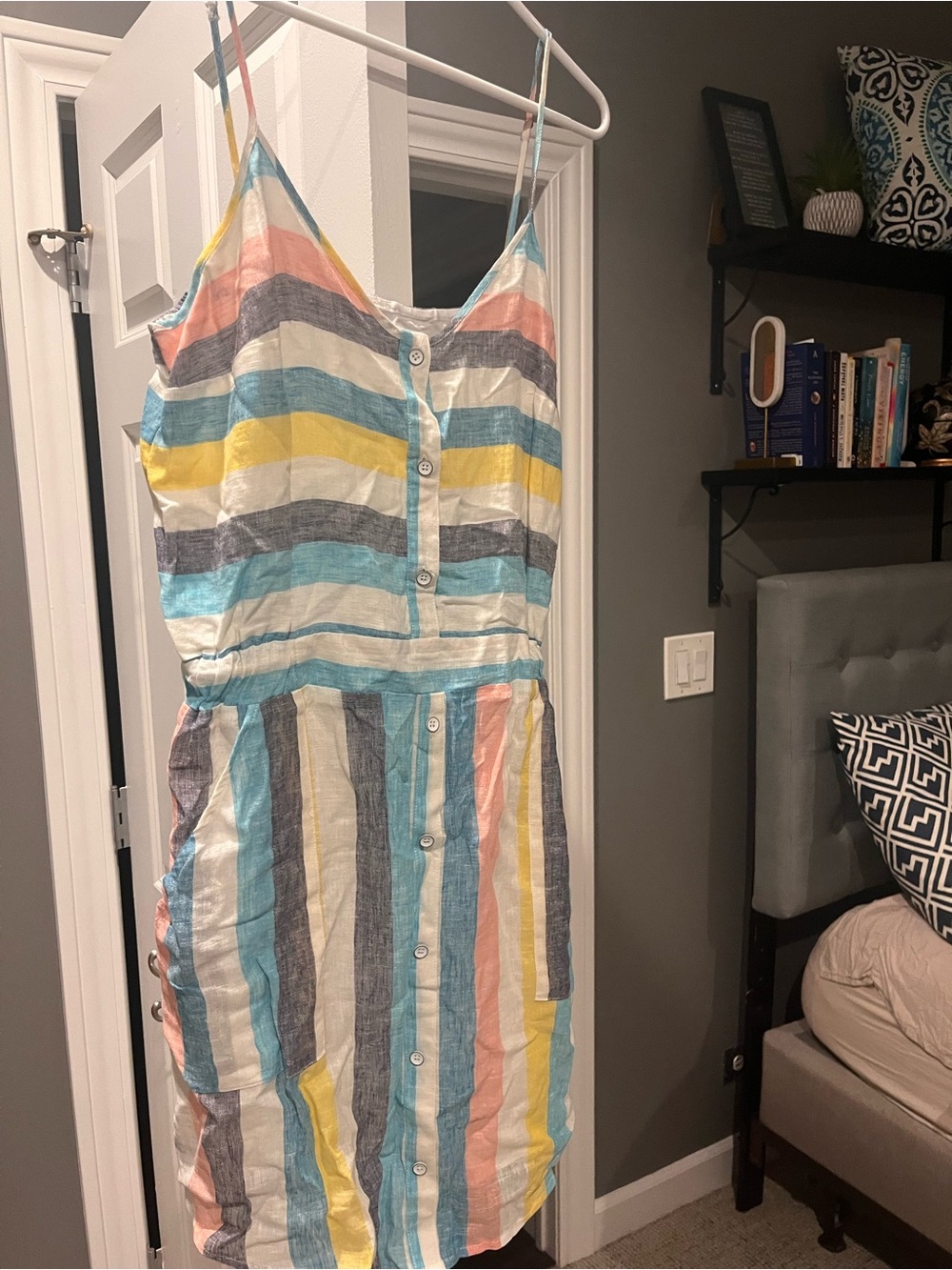 Gray Malin Striped Mini Dress in Pastel Blue, Yellow, Pink, White